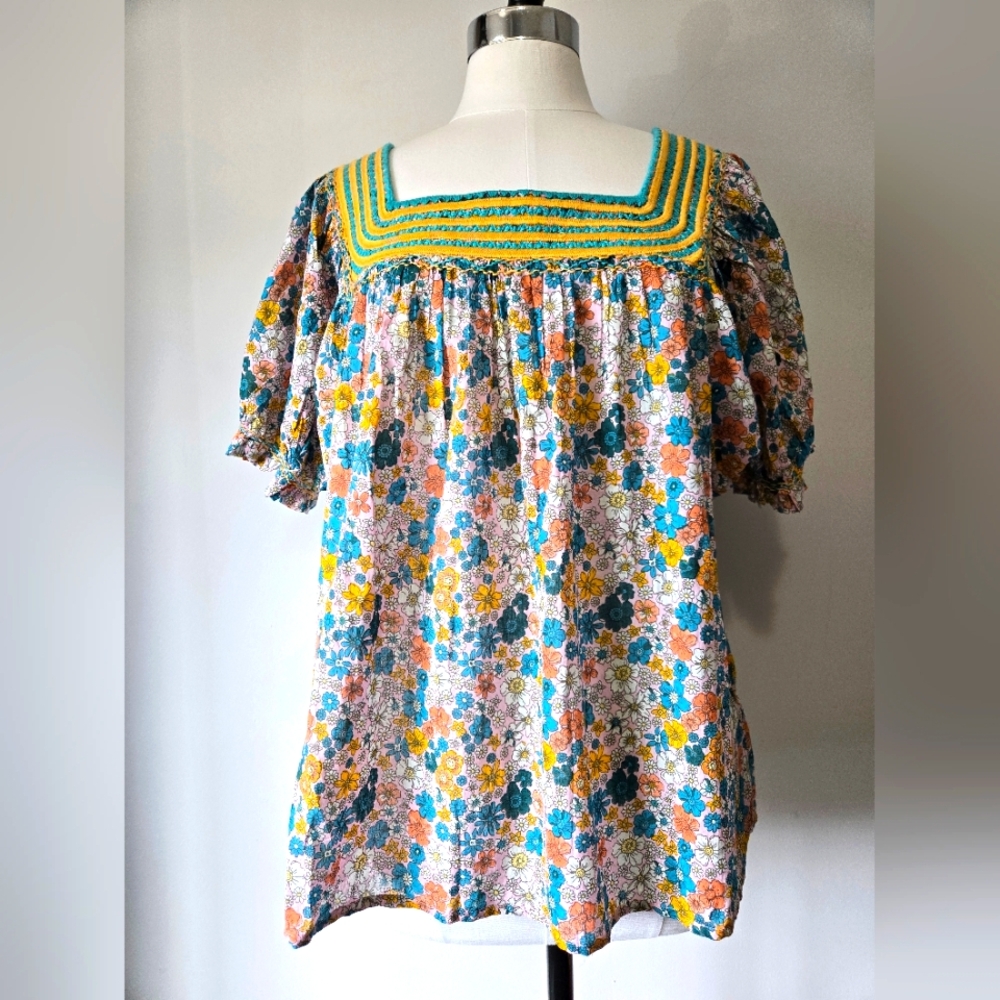 SISTER MARY Multicolor Floral Boho Gypsy Square Collar Blouse. Size XL